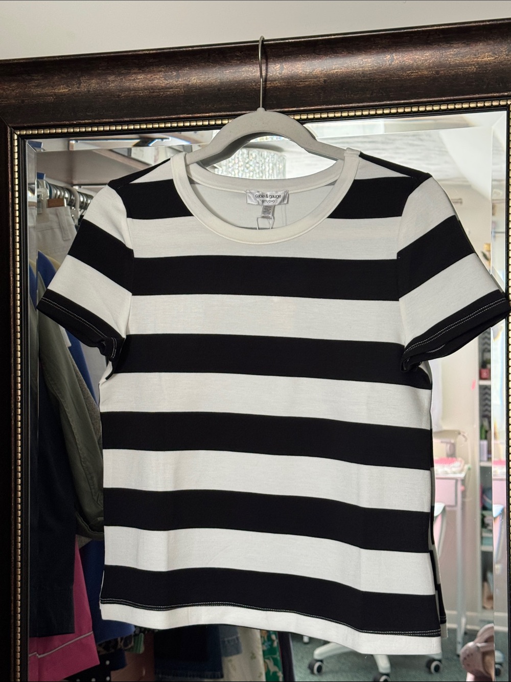Cable & Gauge Black and White Striped Short Sleeve Tee